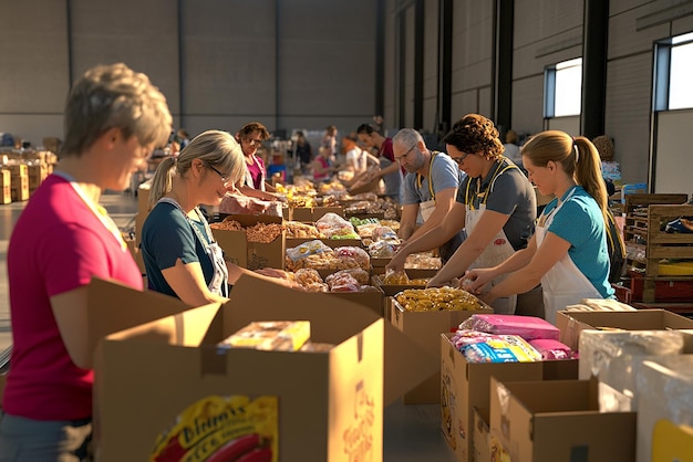 Group of Volunteers Sorting Food at a Community Food Drive