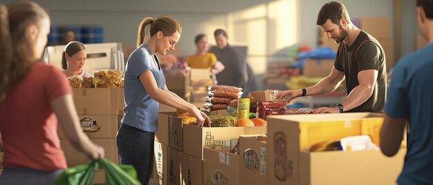 Group of Volunteers Sorting Food at a Community Food Drive