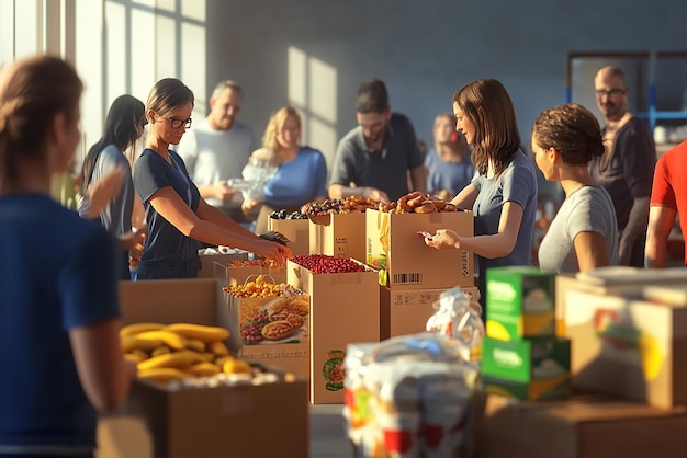 Group of Volunteers Sorting Food at a Community Food Drive