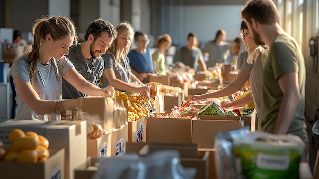 Group of Volunteers Sorting Food at a Community Food Drive