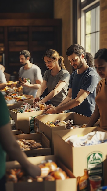 Group of Volunteers Sorting Food at a Community Food Drive