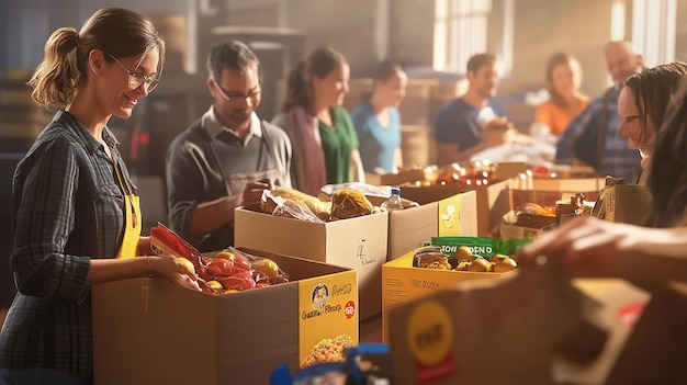 Group of Volunteers Sorting Food at a Community Food Drive