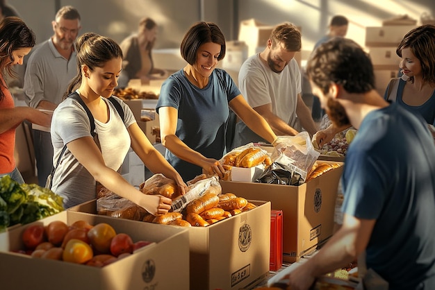 Group of Volunteers Sorting Food at a Community Food Drive