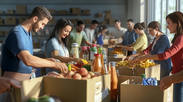 Group of Volunteers Sorting Food at a Community Food Drive