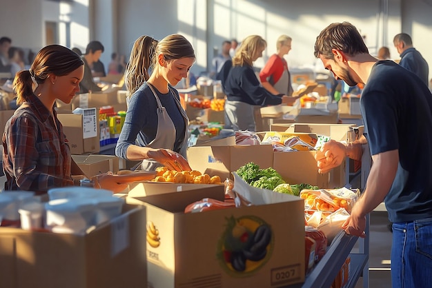 Group of Volunteers Sorting Food at a Community Food Drive