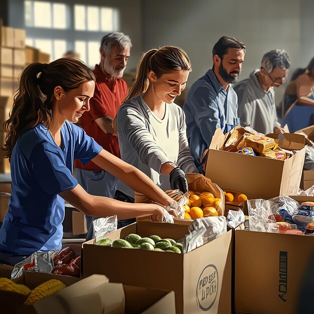 Group of Volunteers Sorting Food at a Community Food Drive