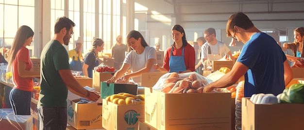 Group of Volunteers Sorting Food at a Community Food Drive