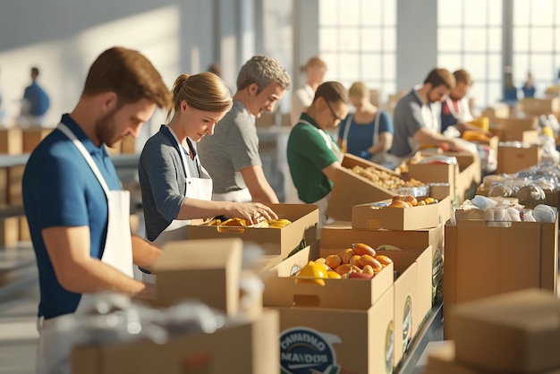 Group of Volunteers Sorting Food at a Community Food Drive