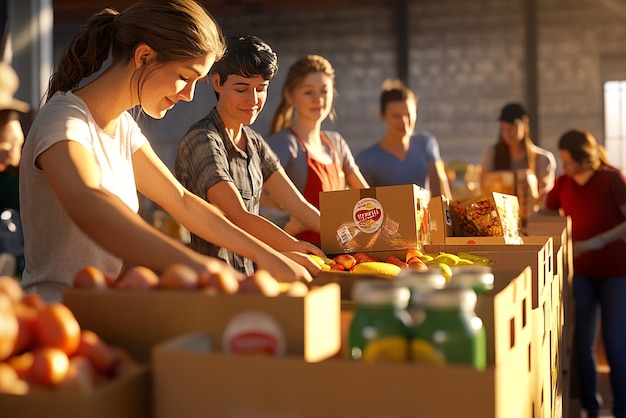 Group of Volunteers Sorting Food at a Community Food Drive