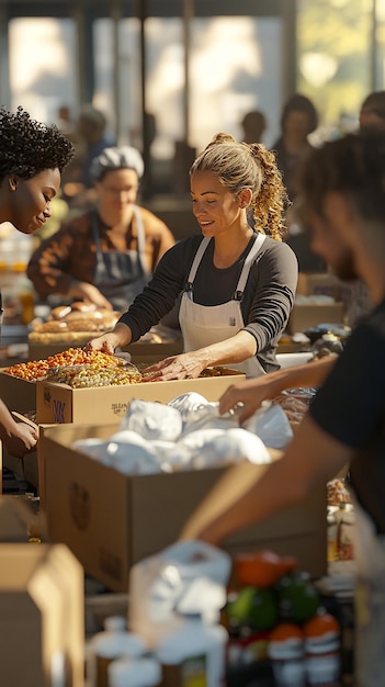 Group of Volunteers Sorting Food at a Community Food Drive