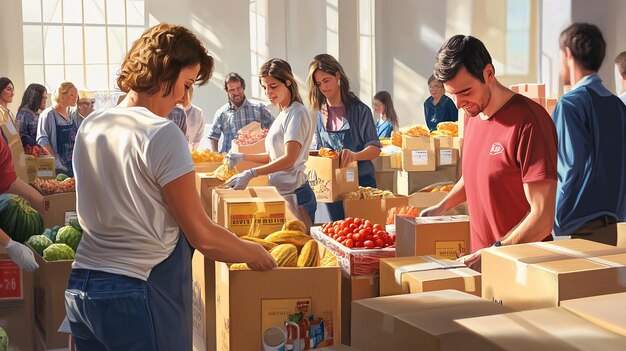 Photo group of volunteers sorting food at a community food drive