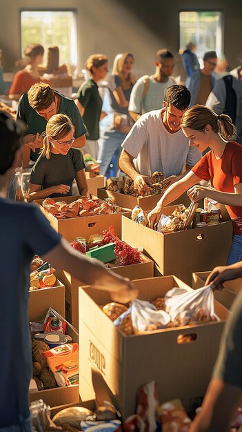 Group of Volunteers Sorting Food at a Community Food Drive