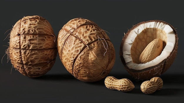 a group of walnuts with a shell on the top