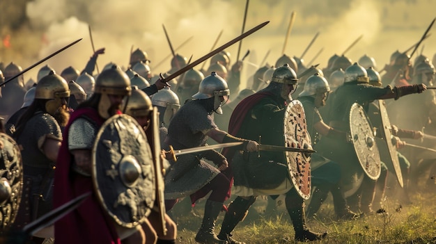 A group of warriors in armor clash in a fierce battle