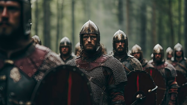 A group of warriors wearing armor in the forest and waiting for battle