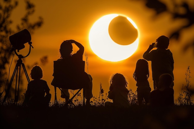 Group watching solar eclipse over natural landscape at dusk happy event