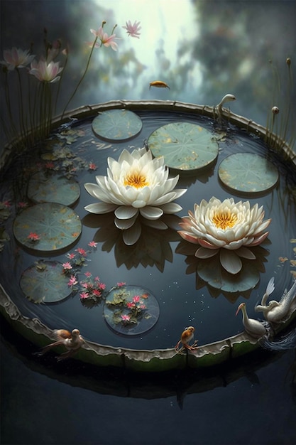 Group of water lillies floating on top of a pond generative ai