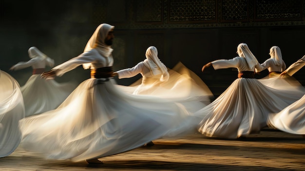 A group of whirling dervishes in a performance with flowing white robes and blurred movements