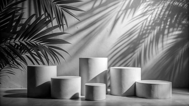 Photo a group of white bowls are lined up in a room with a palm tree in the background