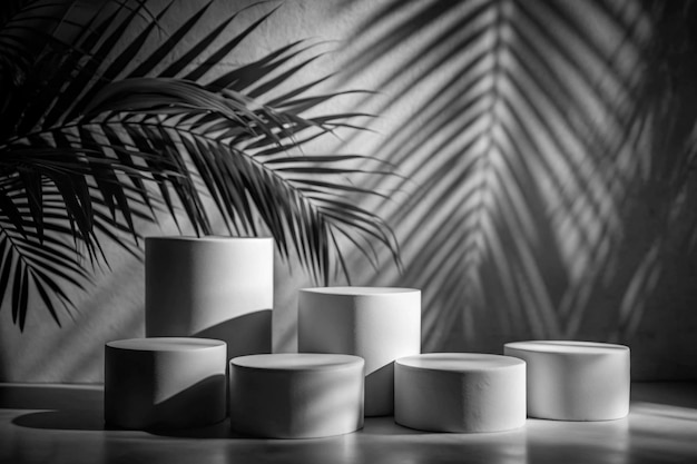 Photo a group of white bowls are lined up in a room with a palm tree in the background