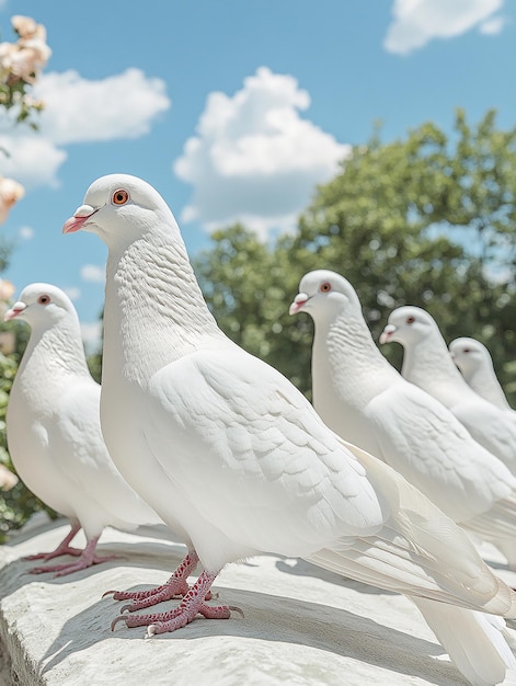 Photo a group of white doves are standing on a branch with flowers in the background