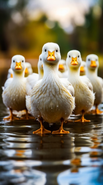 Group of white ducks standing in pond of water Generative AI