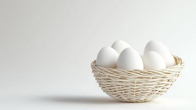 a group of white eggs in a basket with one that says eggs