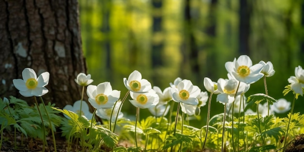 a group of white flowers in a forest