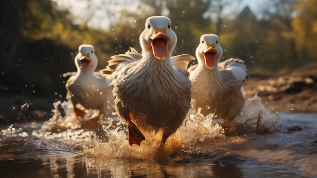 Group of white geese swimming in a lake at sunset in summer