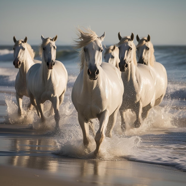 A group of white horses are running on the beach.