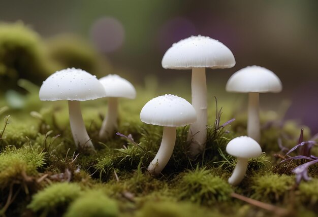 Photo a group of white mushrooms with dew on them