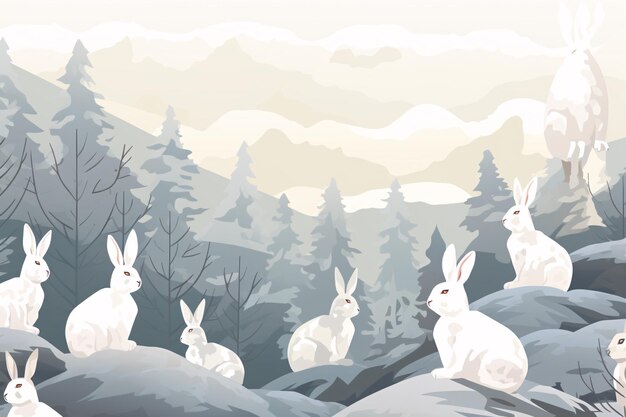 Photo a group of white rabbits sitting on rocks in a forest