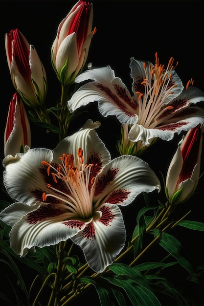 Group of white and red flowers against a black background generative ai