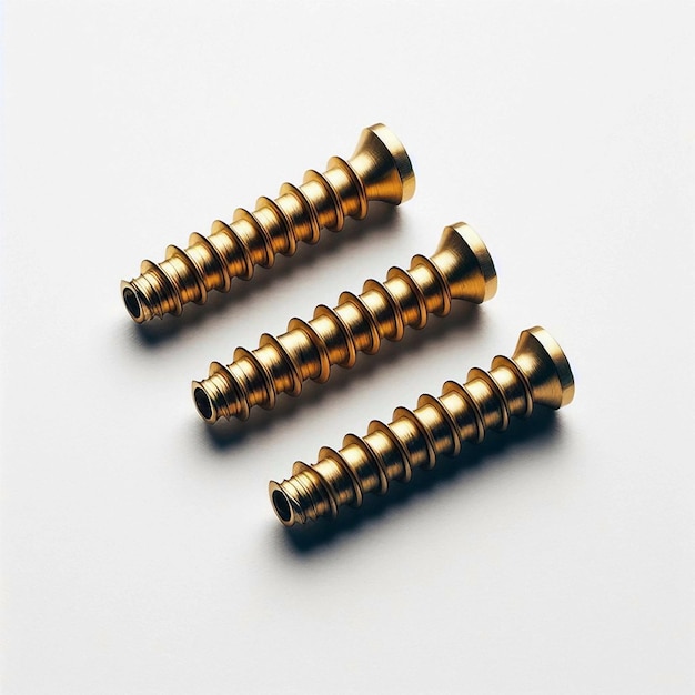 A group of whole cylindrical brass screws arranged in a diagonal line on a solid background