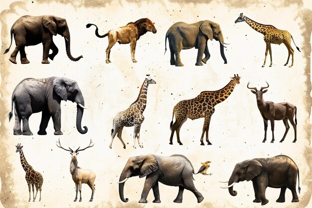 Photo group of wild african animal on paper