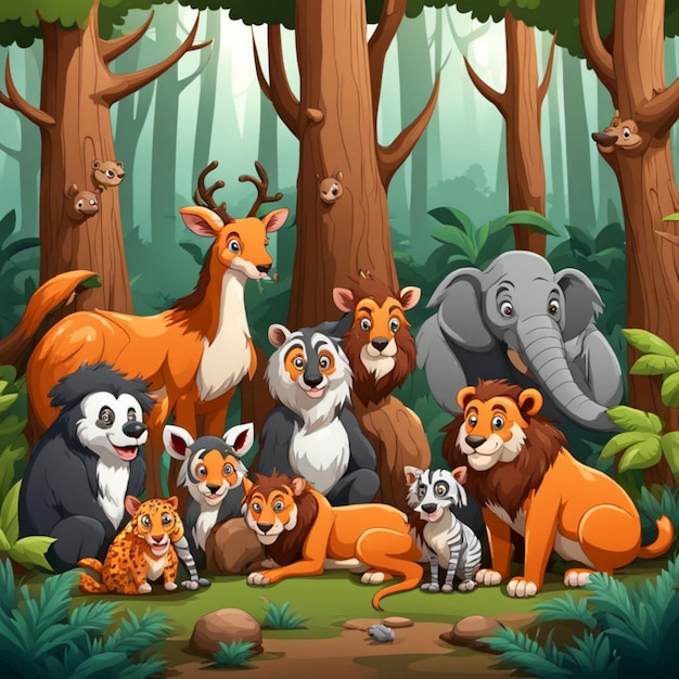 Photo group of wild animal in 3d cartoon style illustration image