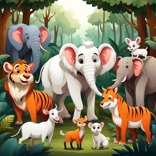 Photo group of wild animal sit in the front of tree in forest illustration 3d image