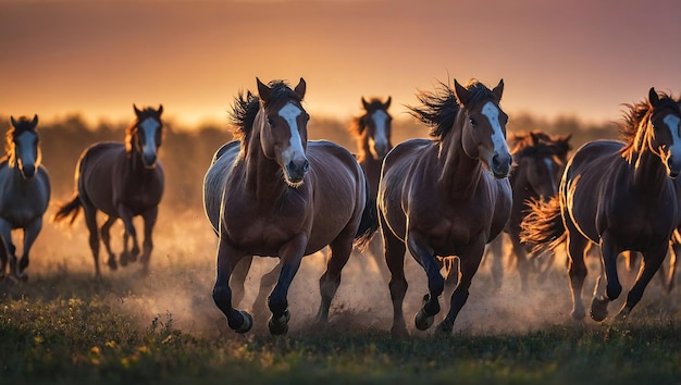 Group of wild horses runs freely across a field at sunset their powerful strides symbolizing freedom and strength