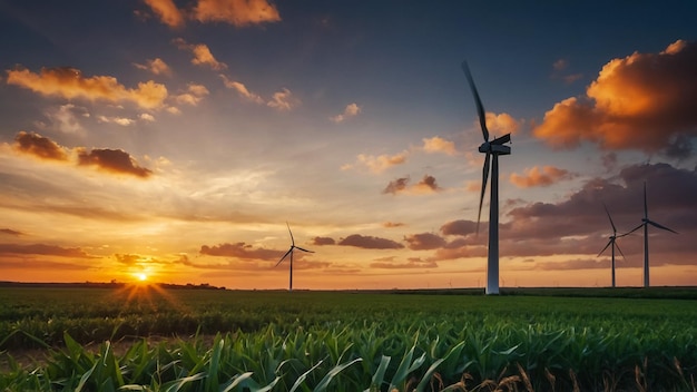 Group of wind turbines at sunset