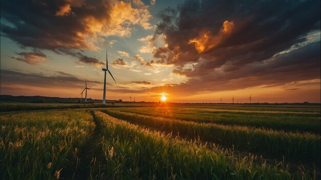 Group of wind turbines at sunset