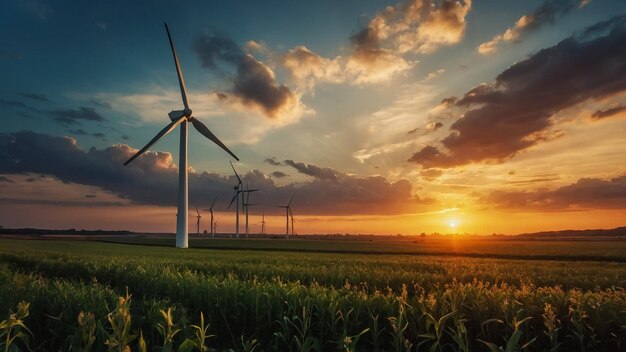 Group of wind turbines at sunset