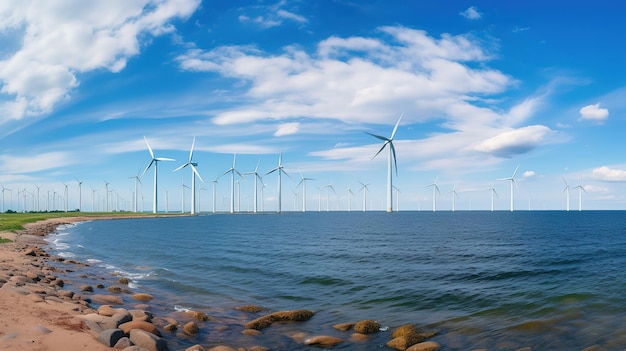 Group of windmills for electric power production in the green field of wheat