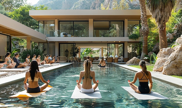 Photo a group of women are doing yoga by a pool