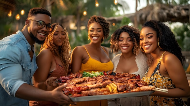 a group of women are holding a tray of food with a man holding a tray of food