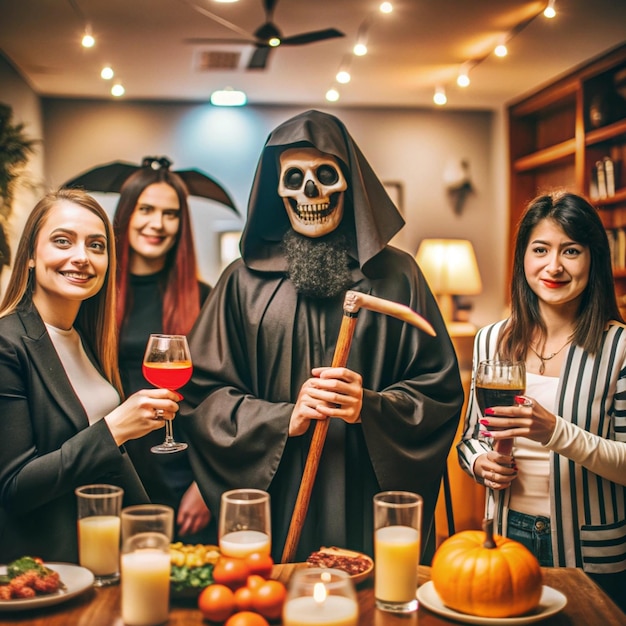 Photo a group of women are holding wine glasses and a skull