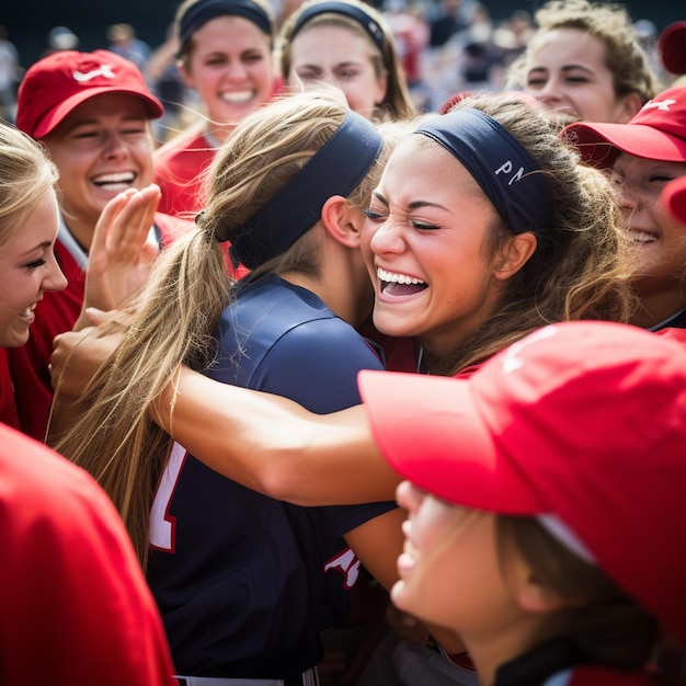 A group of women are hugging each other and one has a smile on her face.