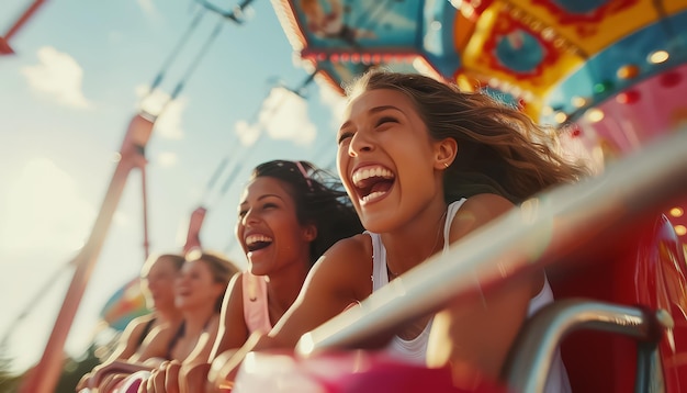 A group of women are riding a roller coaster and laughing