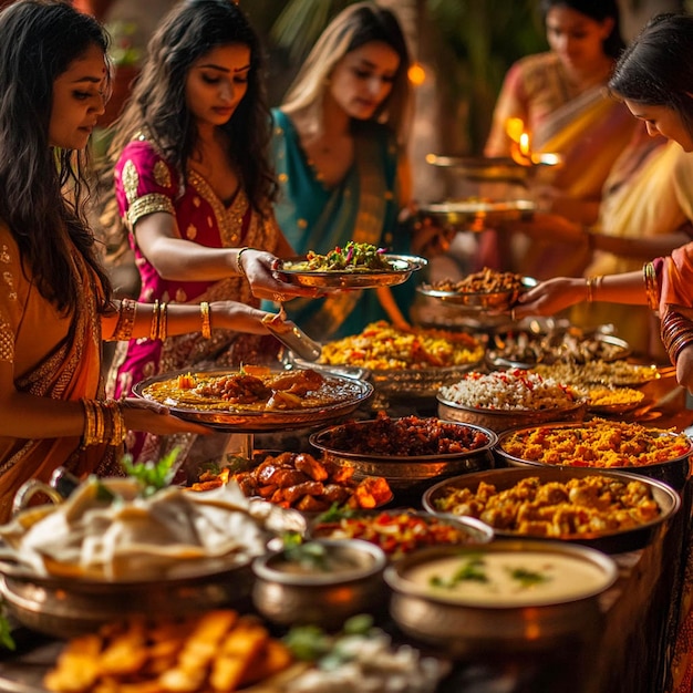 Photo a group of women are serving food at a buffet table