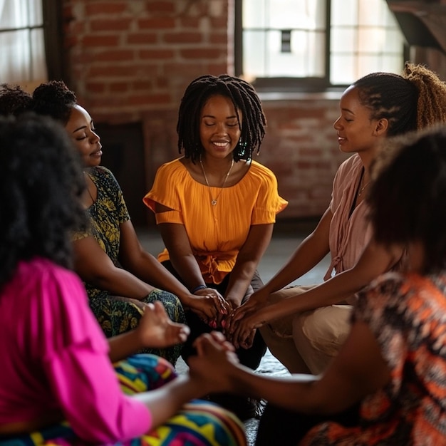 a group of women are sitting around each other and one has a red shirt on it