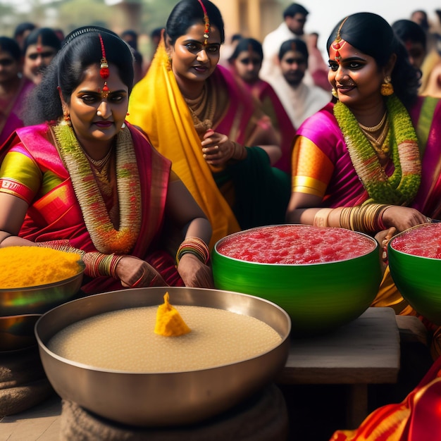 A group of women are sitting at a table with bowls of colored powder.